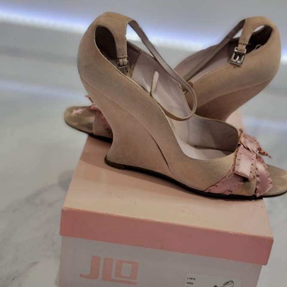 JLo, Soft pink (need to be cleaned/re-colored), suede, buckle ankle strap wedges